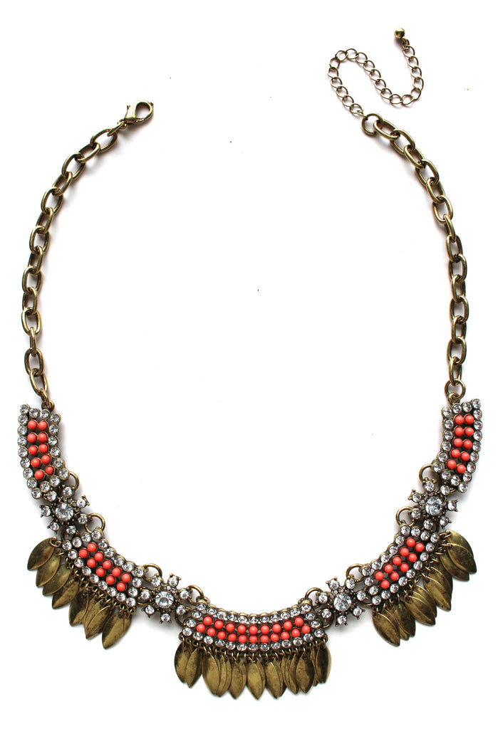Golden Boho Fringe Necklace- Coral