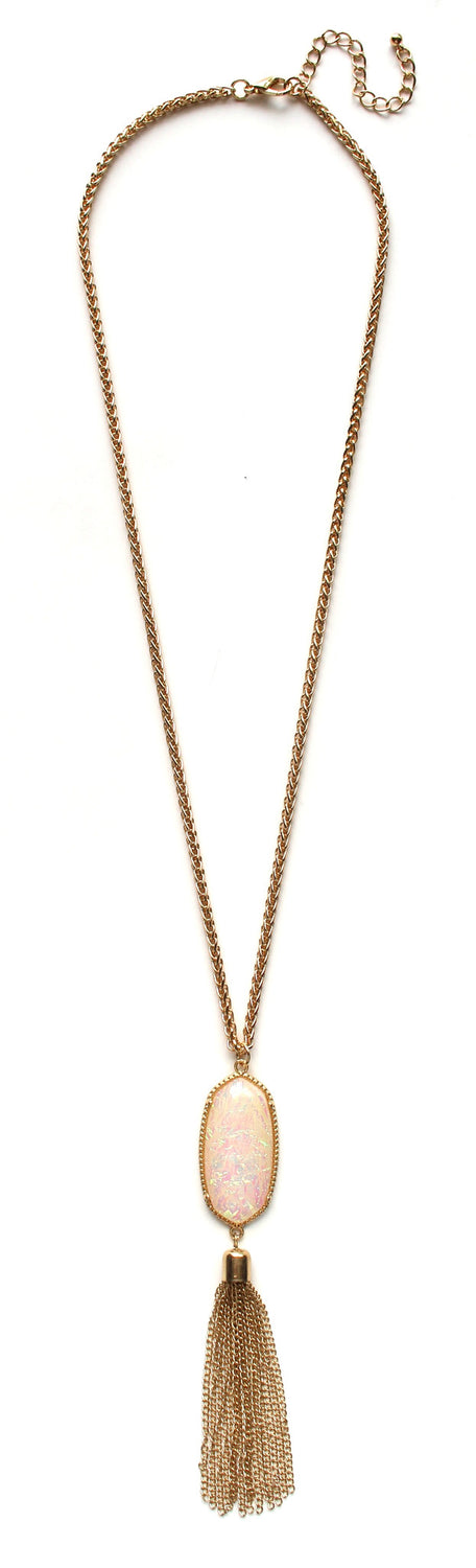 Long Chain & Stone Tassel Necklace- White Opal