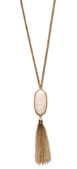 Long Chain & Stone Tassel Necklace- White Opal