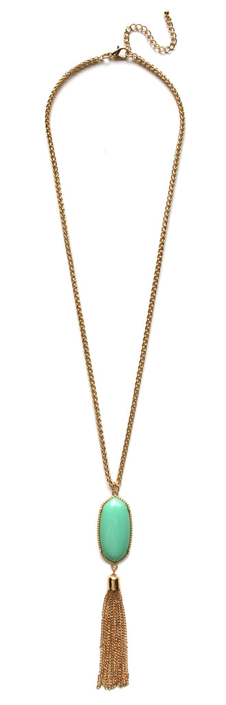Long Chain & Stone Tassel Necklace- Mint