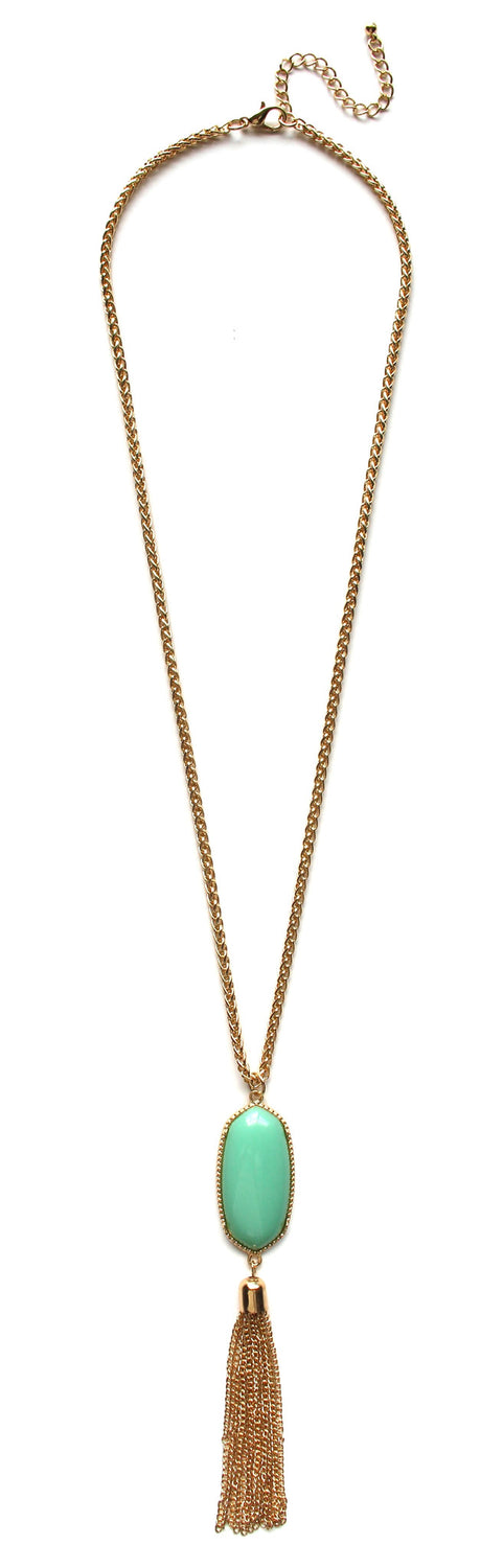 Long Chain & Stone Tassel Necklace- Mint
