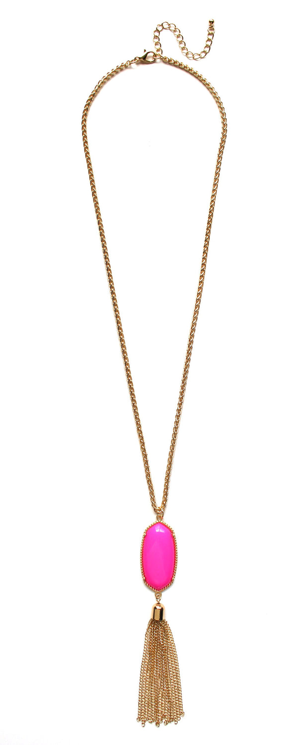 Long Chain & Stone Tassel Necklace- Hot Pink