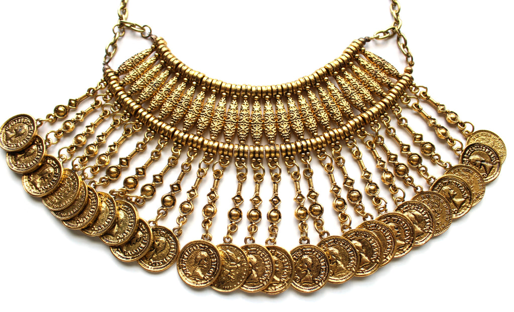 JL Antiqued Metal Coin Mini Bib Necklace- Gold