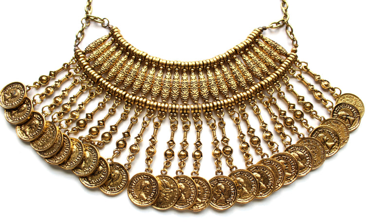 JL Antiqued Metal Coin Mini Bib Necklace- Gold