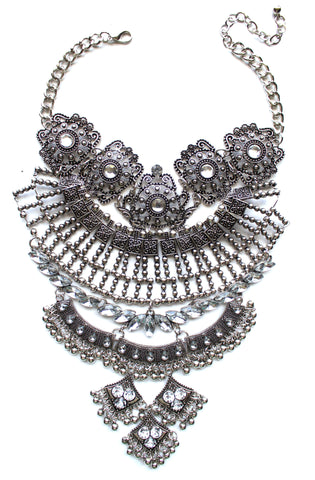 Antiqued Metal & Crystal Detail Necklace