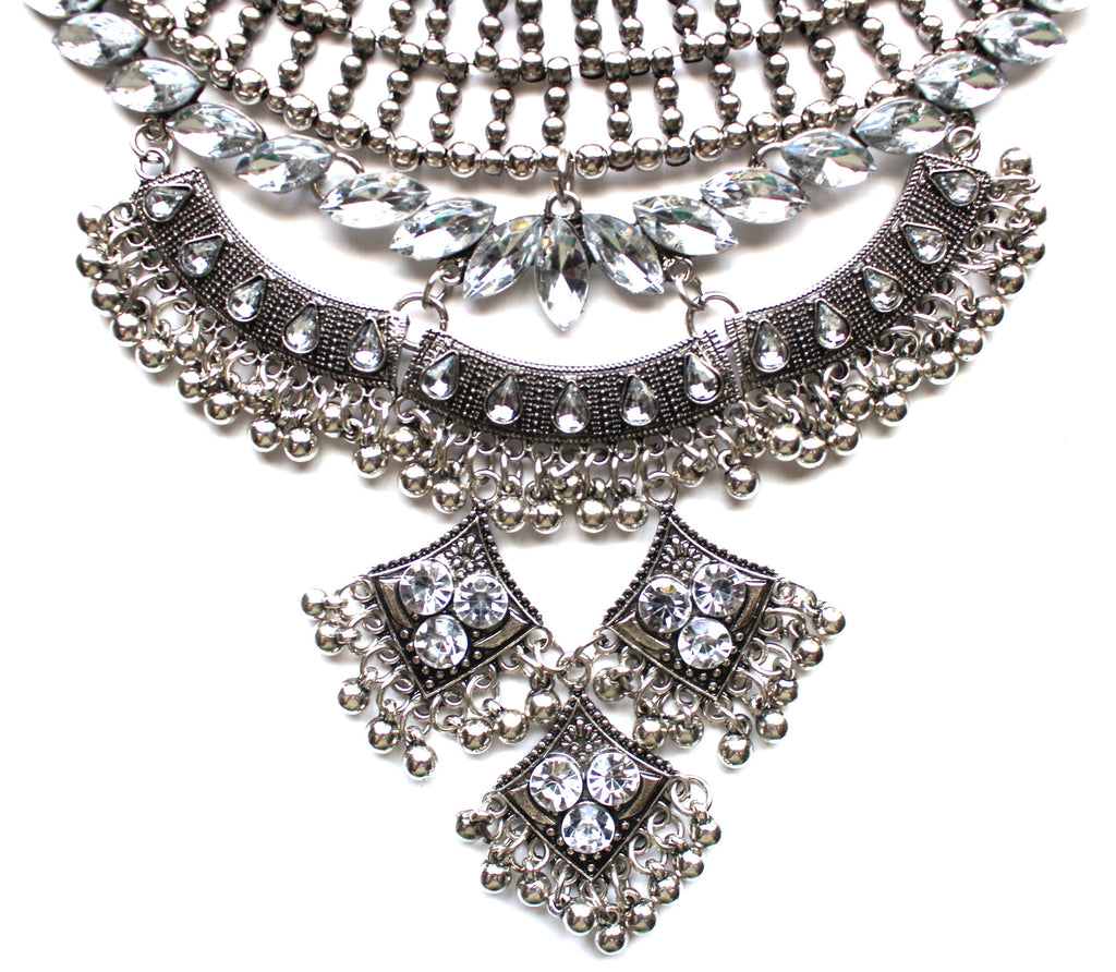 Antiqued Metal & Crystal Detail Necklace