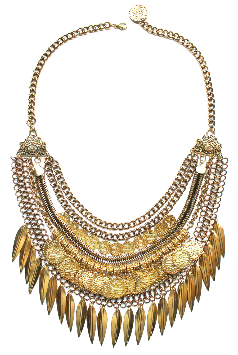 Layered Coin & Spike Fringe Necklace- Gold