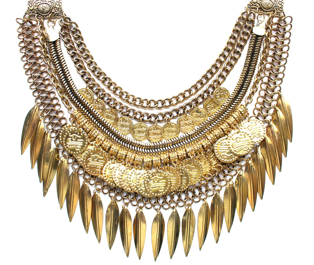 Layered Coin & Spike Fringe Necklace- Gold