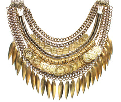 Layered Coin & Spike Fringe Necklace- Gold