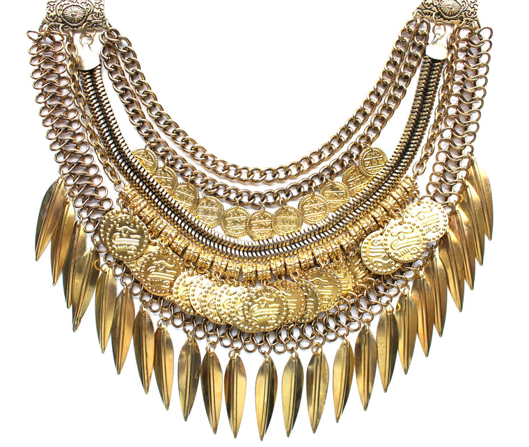 Layered Coin & Spike Fringe Necklace- Gold