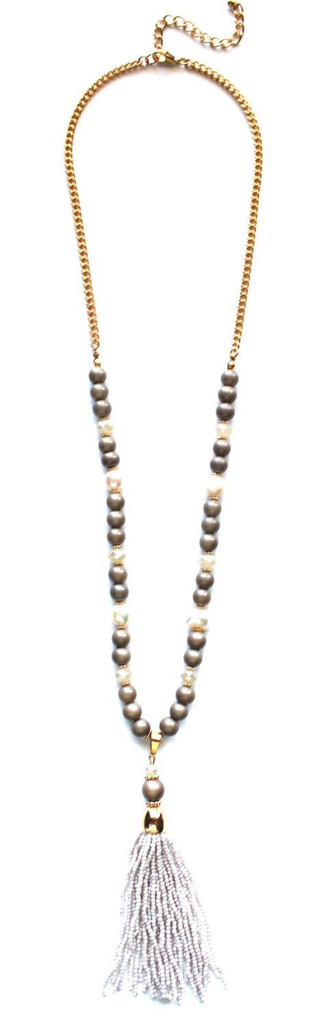 Beaded Pearl Tassel Long Necklace- Taupe