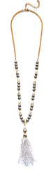 Beaded Pearl Tassel Long Necklace- Taupe