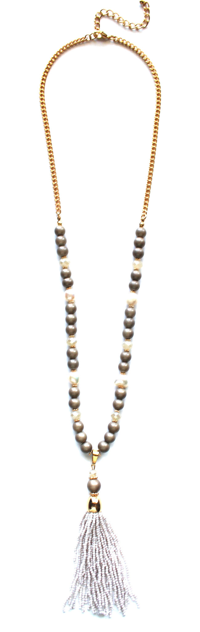 Beaded Pearl Tassel Long Necklace- Taupe