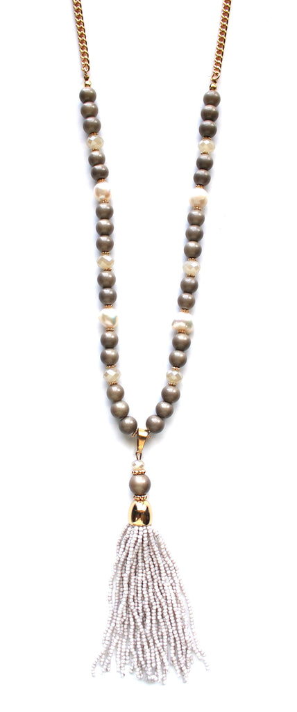 Beaded Pearl Tassel Long Necklace- Taupe