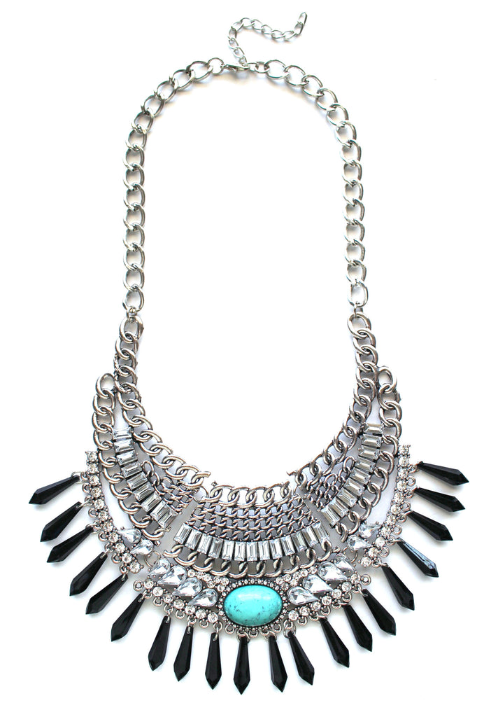 Turquoise Stone Boho Bib Necklace- Silver