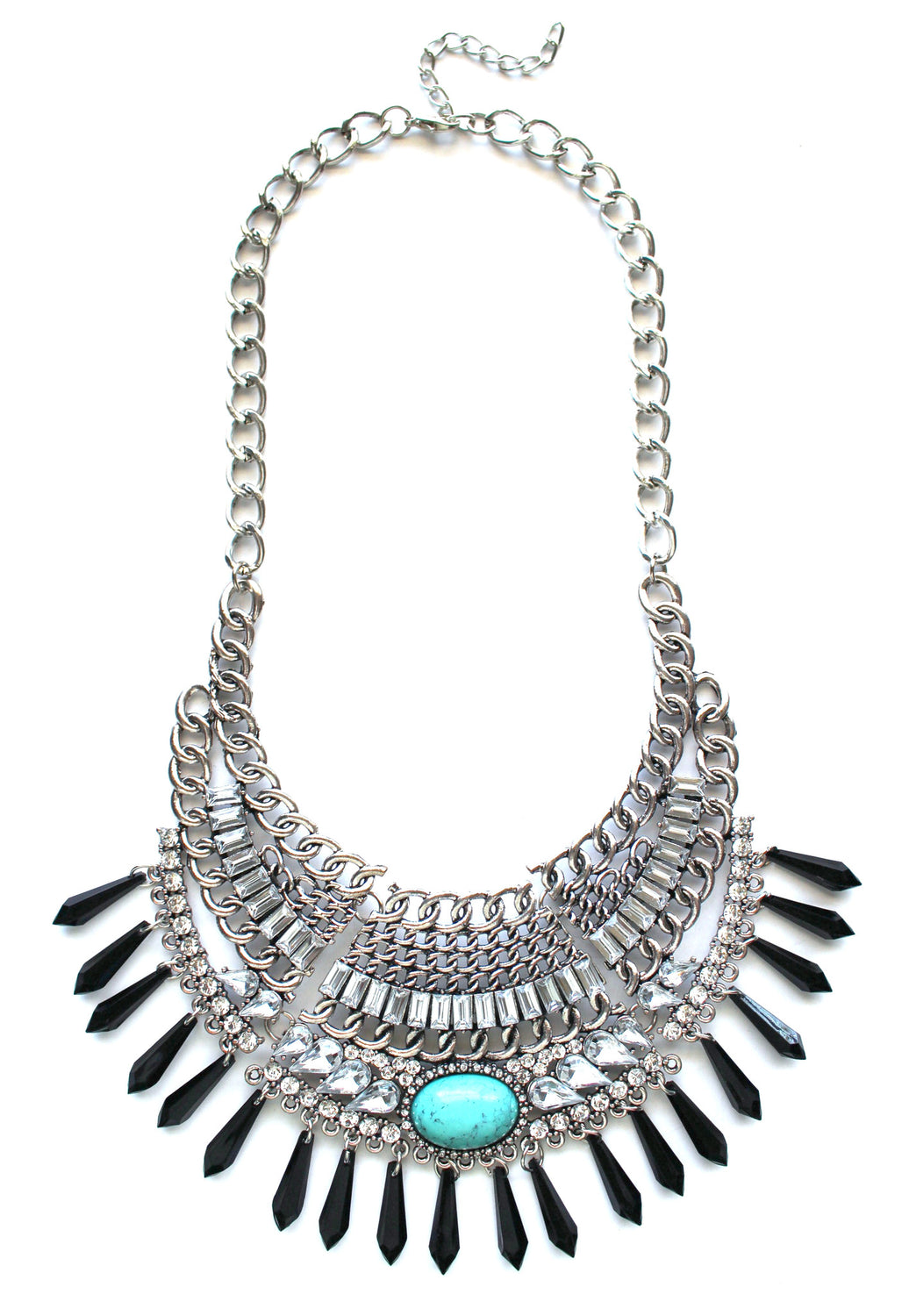 Turquoise Stone Boho Bib Necklace- Silver