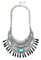 Turquoise Stone Boho Bib Necklace- Silver