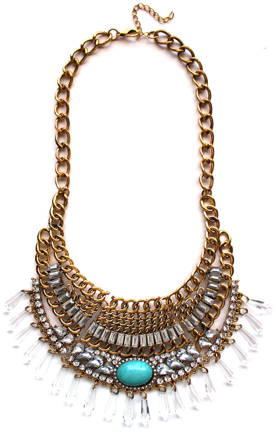 Turquoise Stone Boho Bib Necklace- Gold
