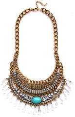 Turquoise Stone Boho Bib Necklace- Gold