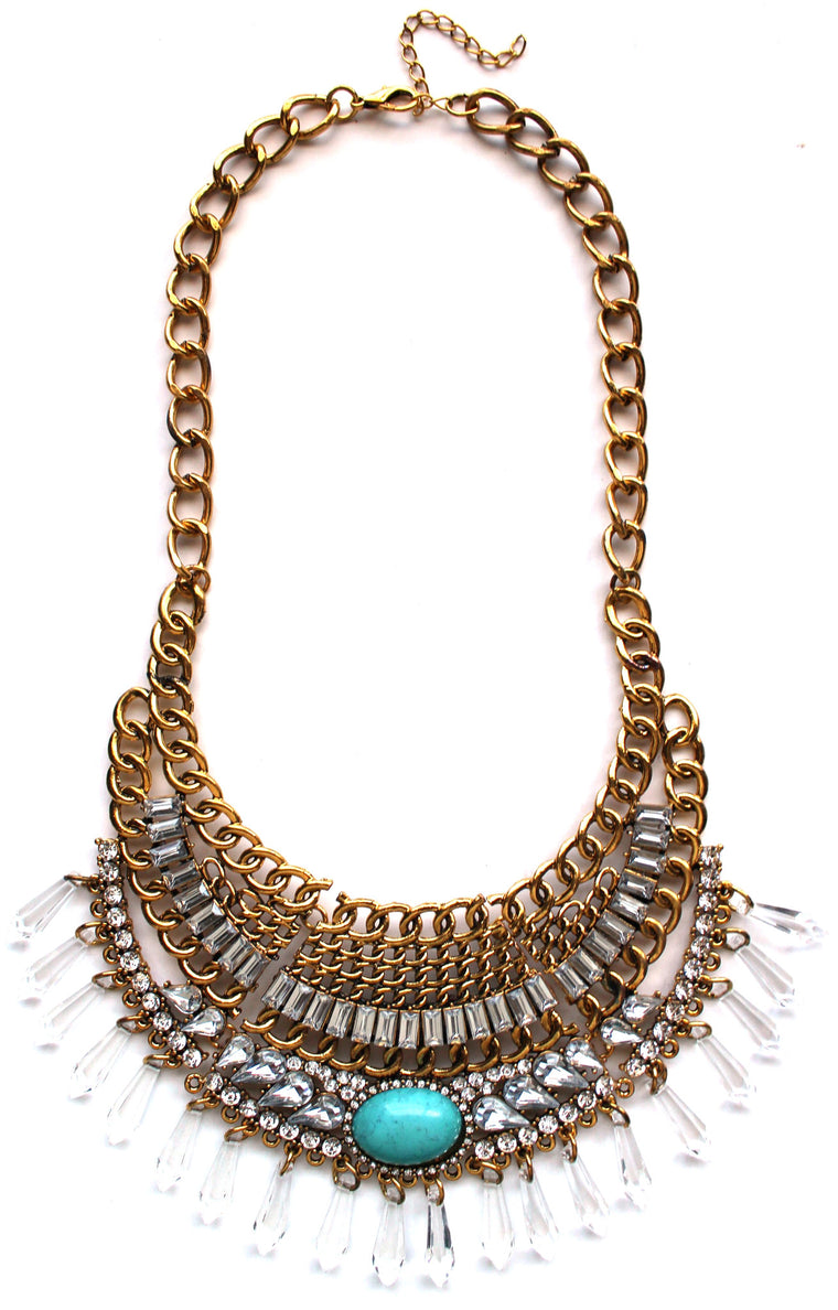 Turquoise Stone Boho Bib Necklace- Gold