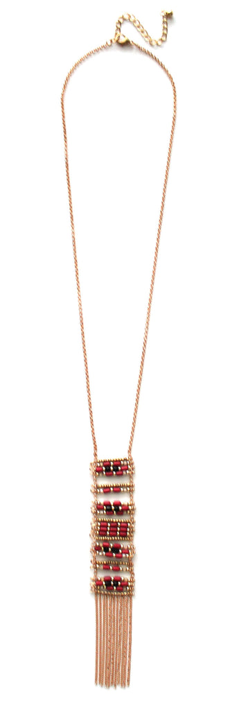 Stacked Beads & Tassels Necklace- Red