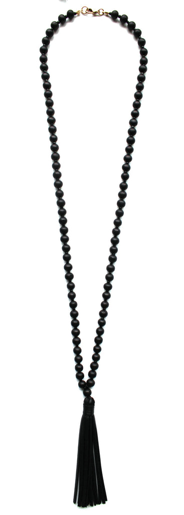 Beaded Leather Tassel Long Necklace- Black