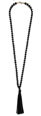 Beaded Leather Tassel Long Necklace- Black