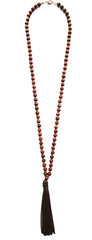 Beaded Leather Tassel Long Necklace- Brown