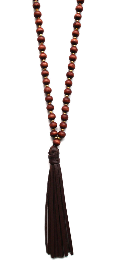 Beaded Leather Tassel Long Necklace- Brown