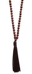 Beaded Leather Tassel Long Necklace- Brown