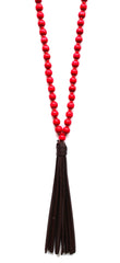 Beaded Leather Tassel Long Necklace- Red