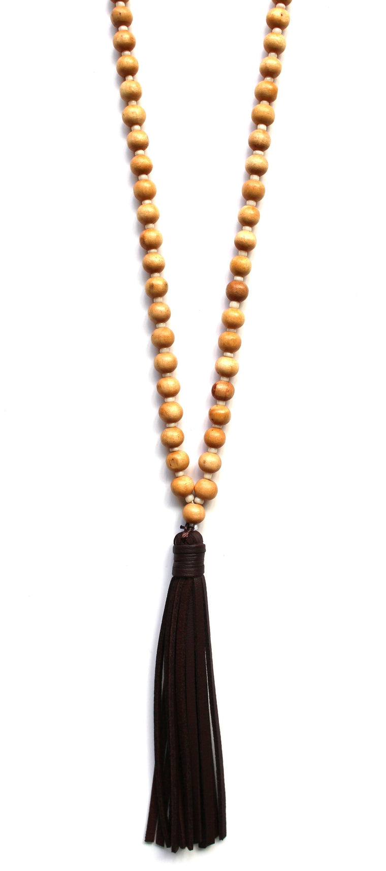 Beaded Leather Tassel Long Necklace- Light Brown