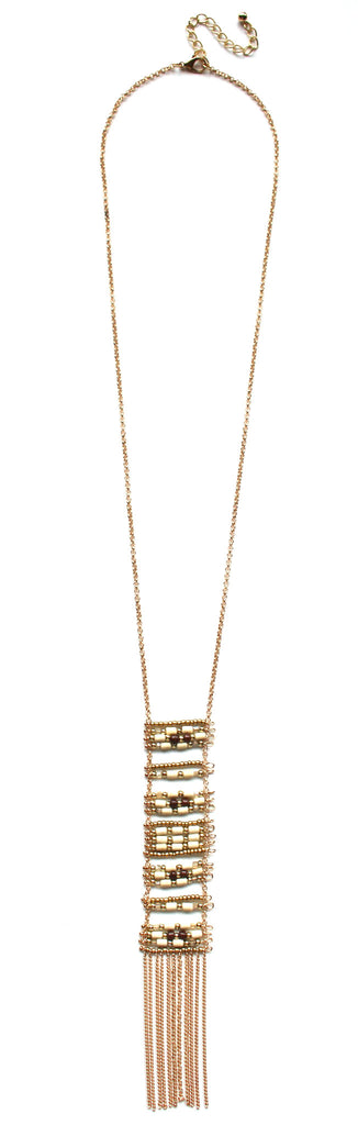 Stacked Beads & Tassels Necklace- Ivory