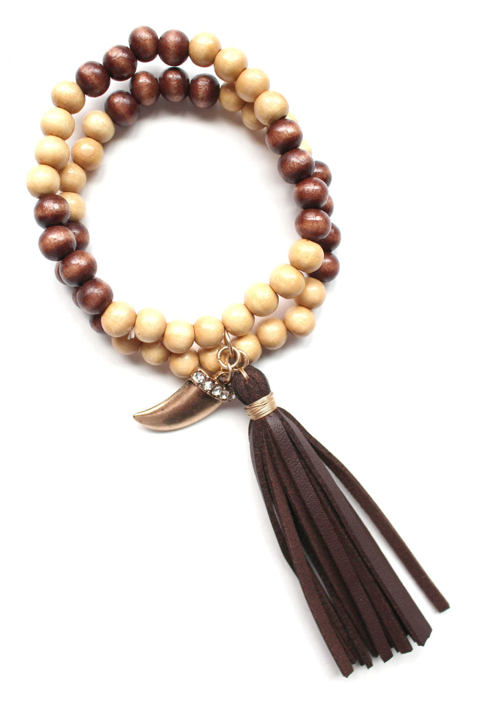 Beaded Leather Tassel Stretch Bracelet