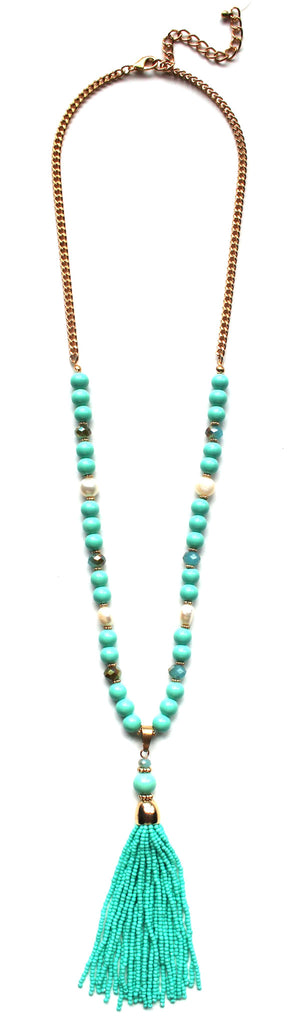 Beaded Pearl Tassel Long Necklace- Mint
