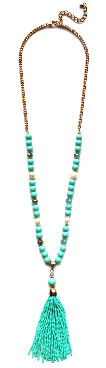 Beaded Pearl Tassel Long Necklace- Mint