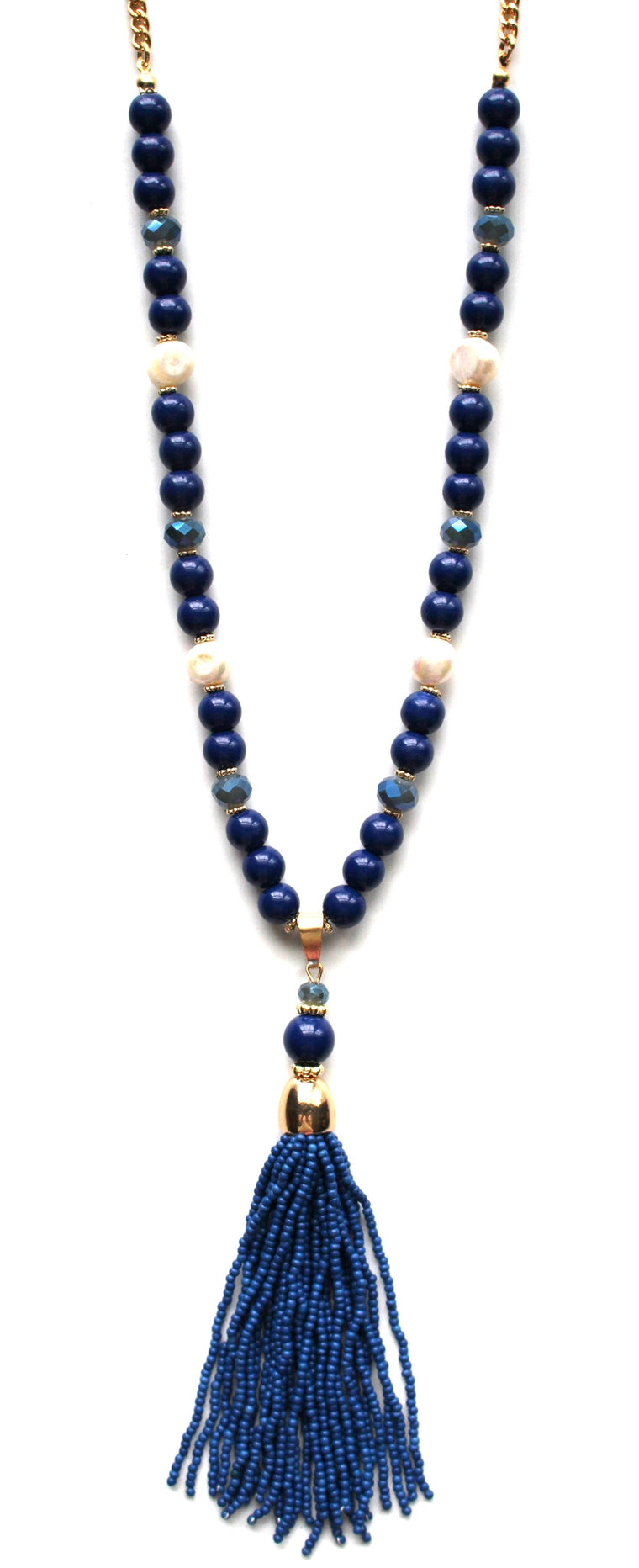 Beaded Pearl Tassel Long Necklace- Navy