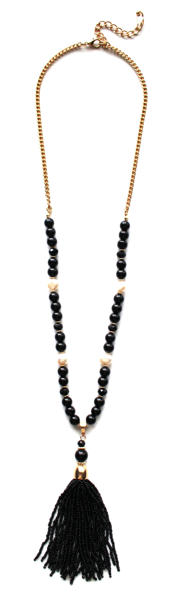 Beaded Pearl Tassel Long Necklace- Black