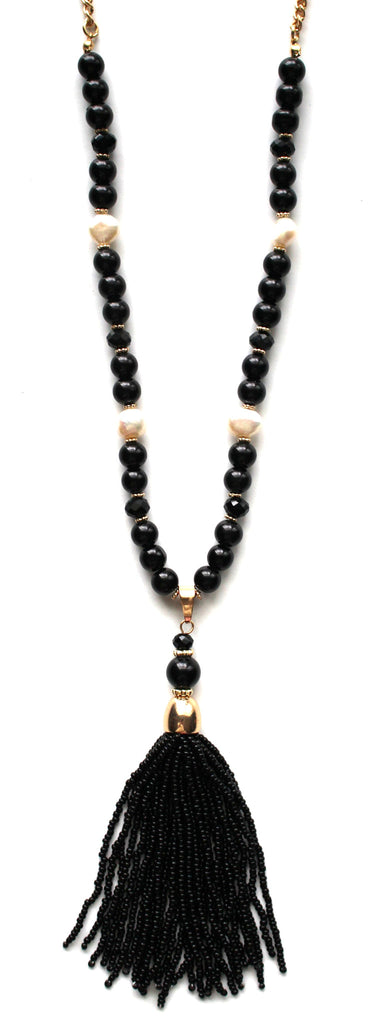 Beaded Pearl Tassel Long Necklace- Black