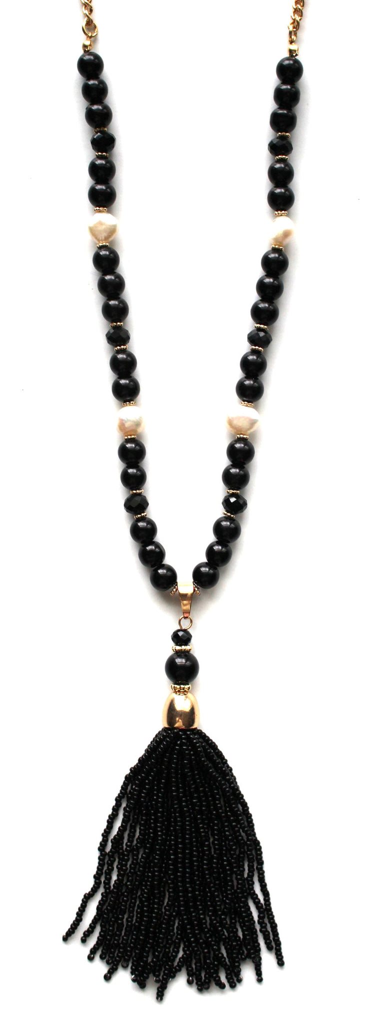 Beaded Pearl Tassel Long Necklace- Black