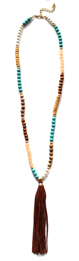 Southern Belle Beaded Velvet Tassel Necklace- Brown