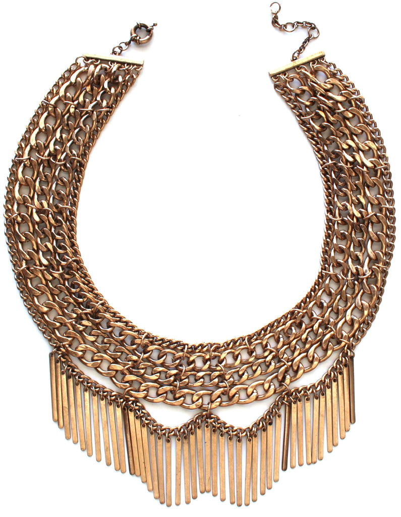 Draped In Metal Fringe Necklace- Antiqued Gold