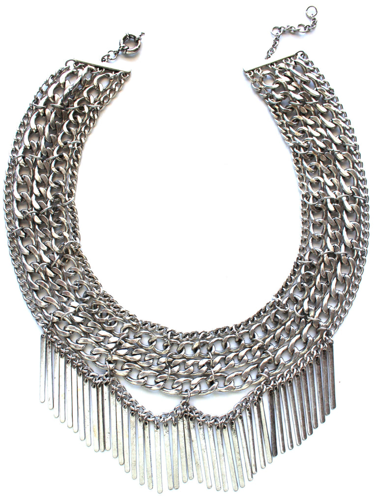 Draped In Metal Fringe Necklace- Silver