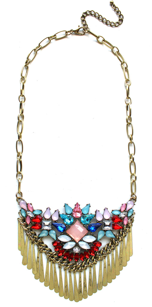 Boho Metal Fringe Stone Bib Necklace- Red Multi