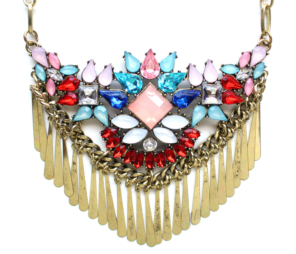 Boho Metal Fringe Stone Bib Necklace- Red Multi