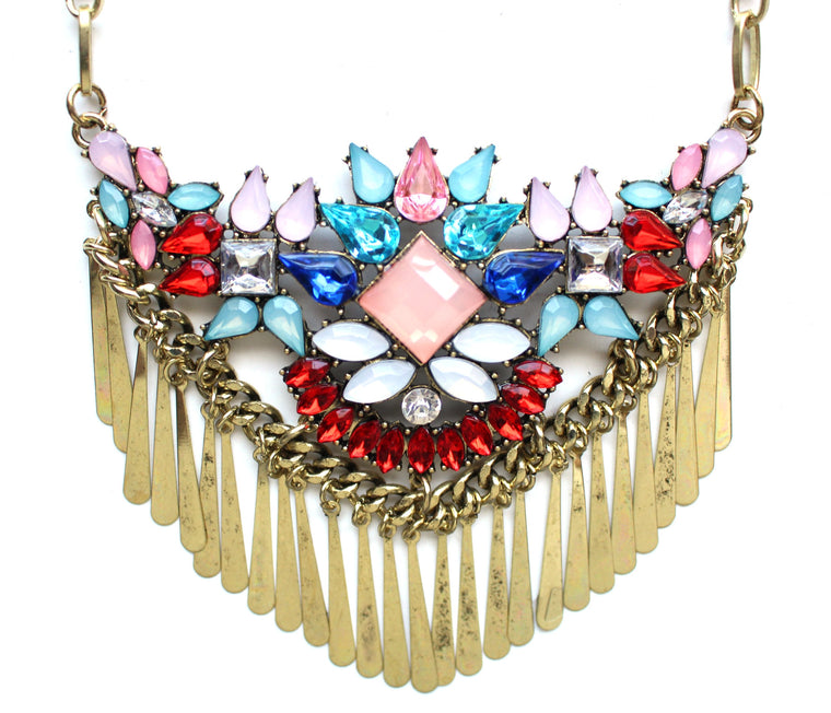 Boho Metal Fringe Stone Bib Necklace- Red Multi