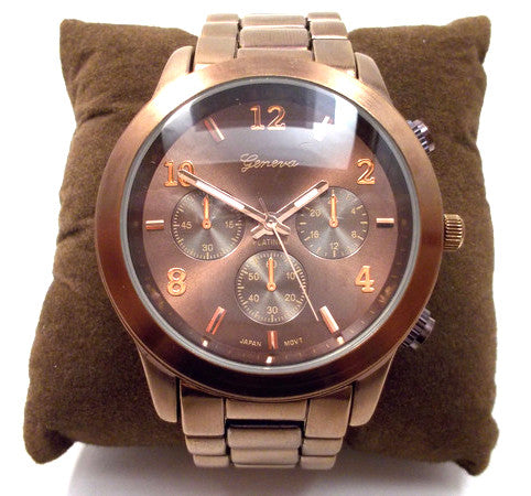Metal Oversized Geneva Platinum Watch- Bronze Chocolate