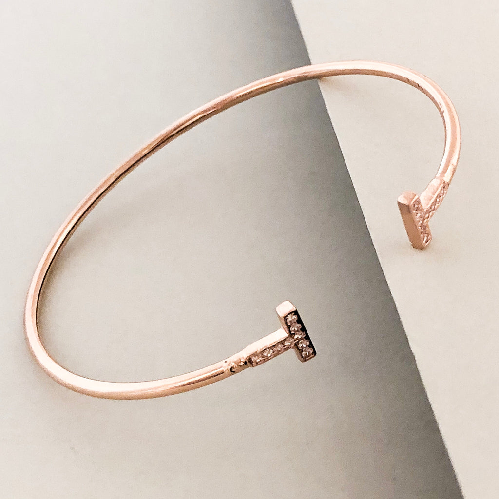 Delicate T Cuff Bracelet- Rose Gold