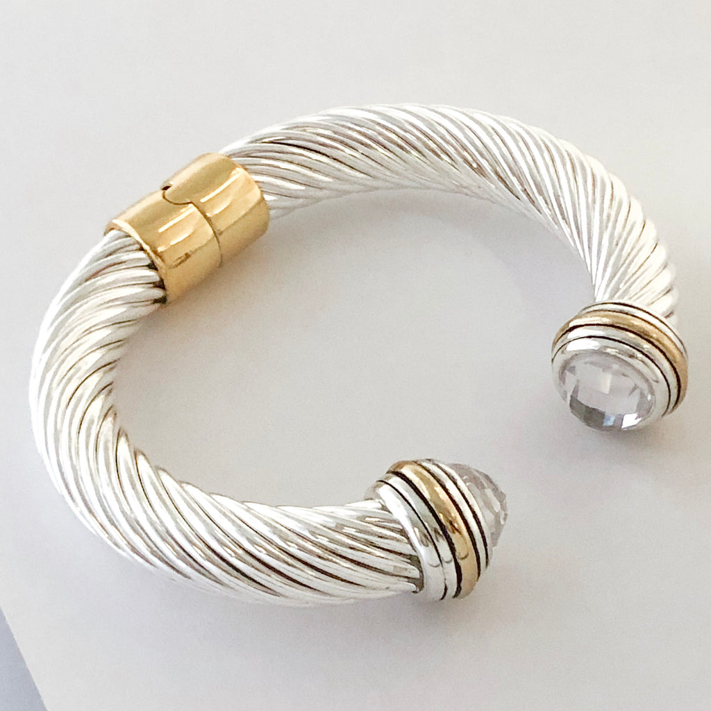 Stack It Up Thick Bracelet Cuff- Jeweled Crystal Clear Stone