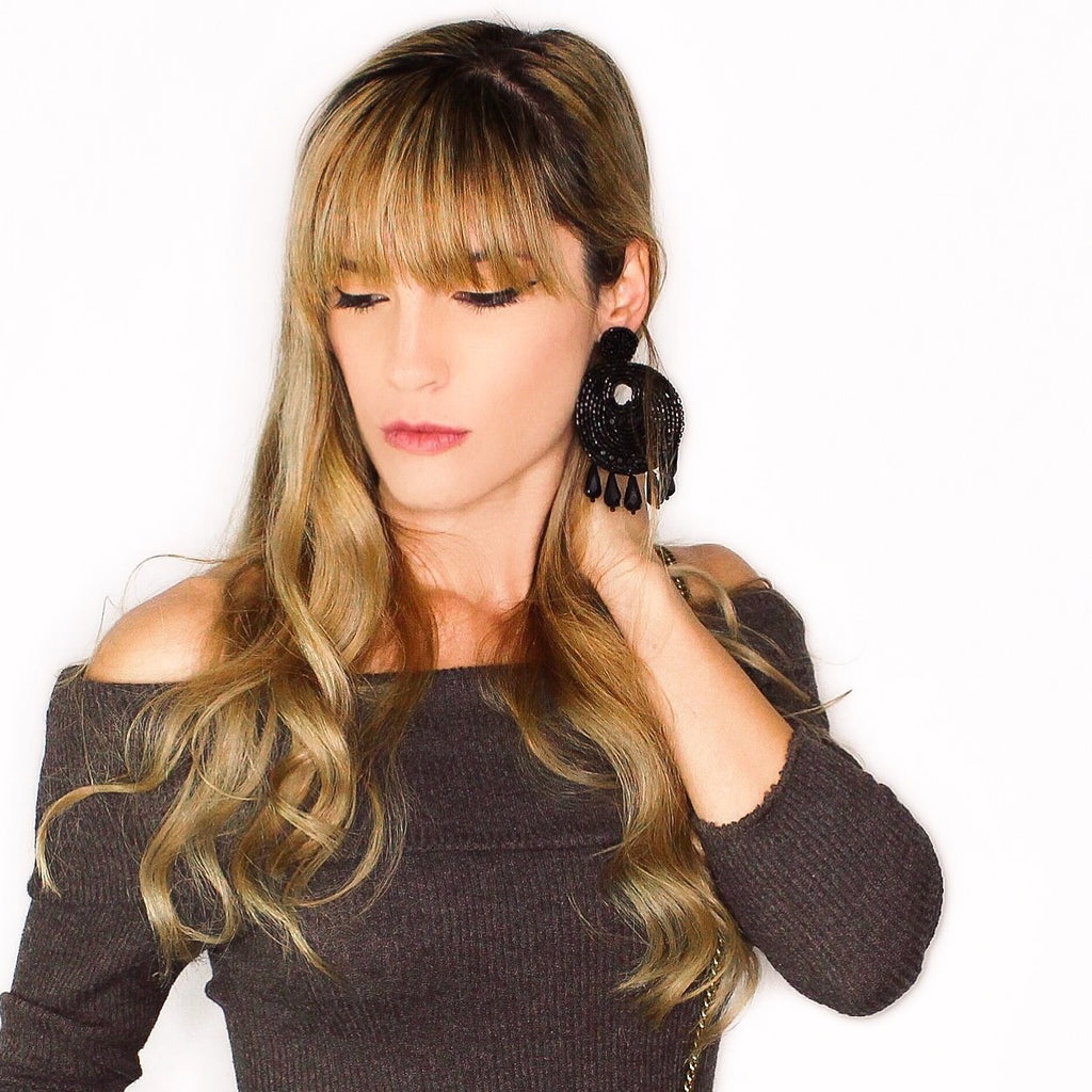 Ingrid Beaded Statement Earrings- Black